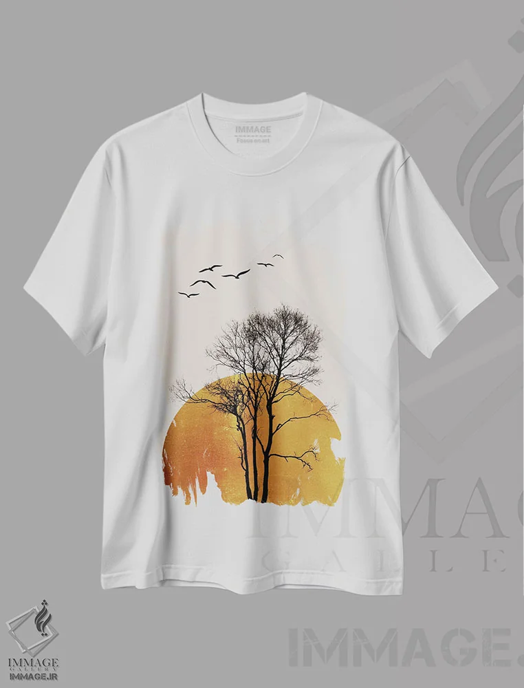 تیشرت سفید طرح دار طلوع زمستانی، تزئینی اثر کوبیستیکا | فروشگاه ایماژ