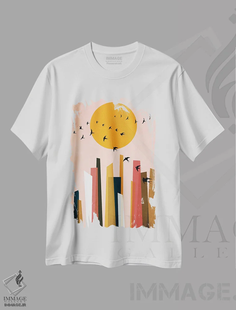تیشرت سفید طرح دار پرندگان رقصان، تزئینی اثر کوبیستیکا | فروشگاه ایماژ