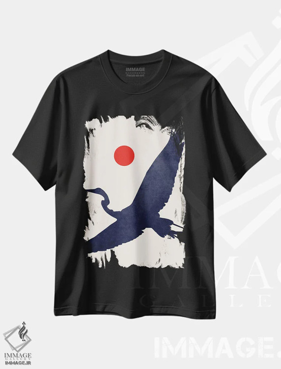تیشرت مشکی طرح دار درنا، دکور آسیایی اثر کوبیستیکا | فروشگاه ایماژ