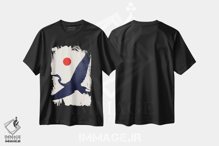 تیشرت مشکی طرح دار درنا، دکور آسیایی اثر کوبیستیکا | فروشگاه ایماژ