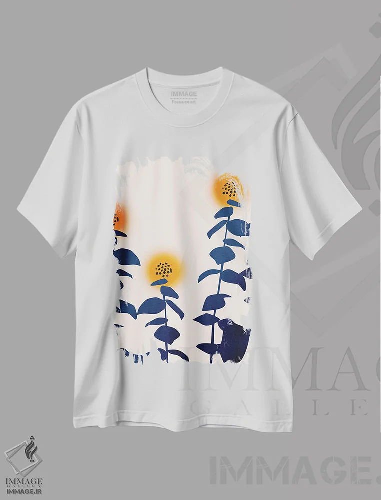 تیشرت سفید طرح دار گل های آفتابگردان، تزئینی اثر کوبیستیکا | فروشگاه ایماژ
