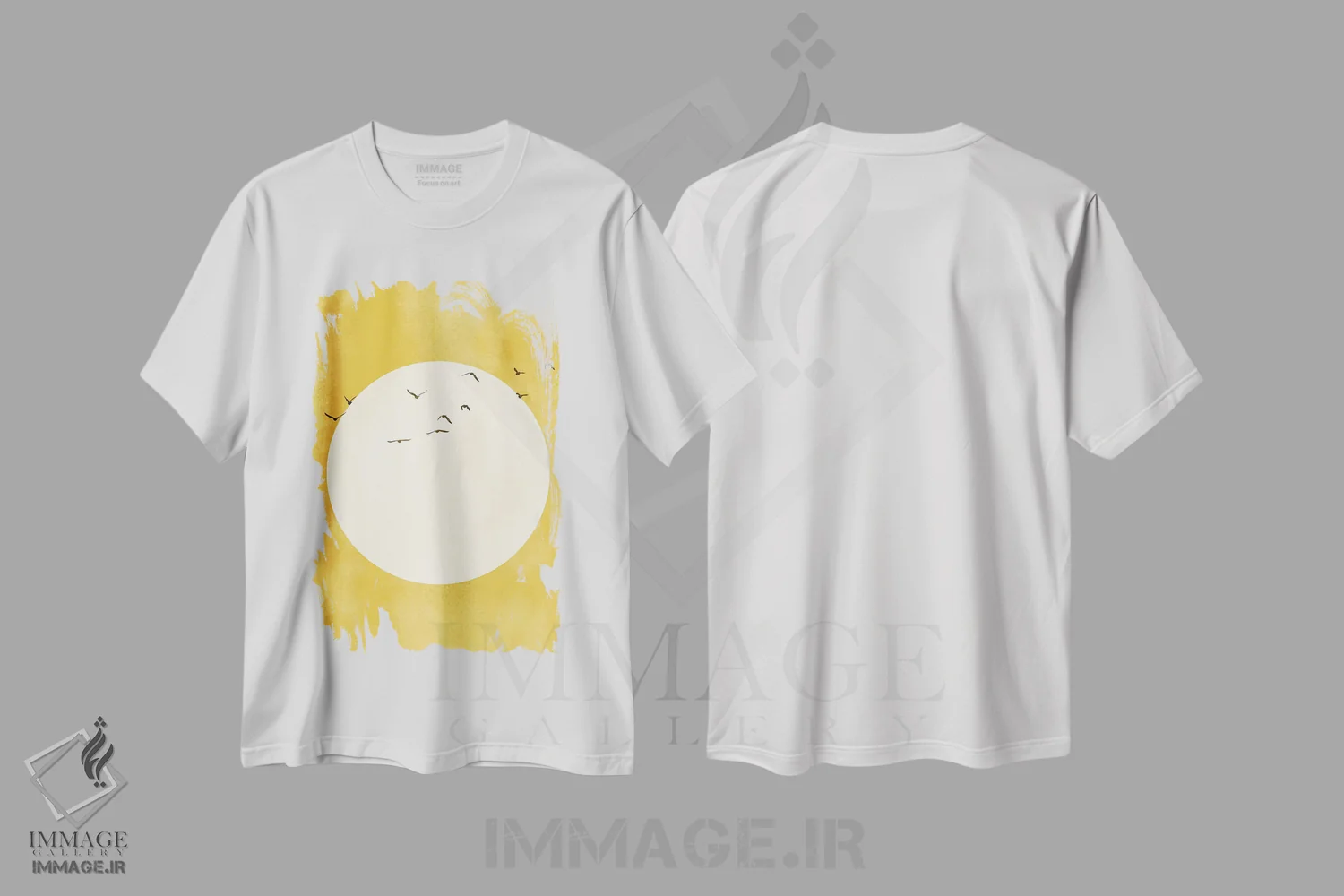 تیشرت سفید طرح دار آفتاب طلایی، تزئینی اثر کوبیستیکا | فروشگاه ایماژ