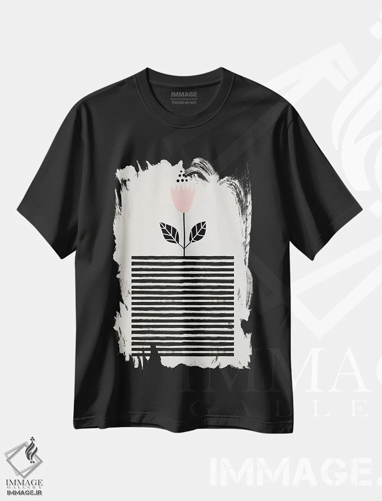 تیشرت مشکی طرح دار گل کوچک آفتابی، تزئینی اثر کوبیستیکا | فروشگاه ایماژ