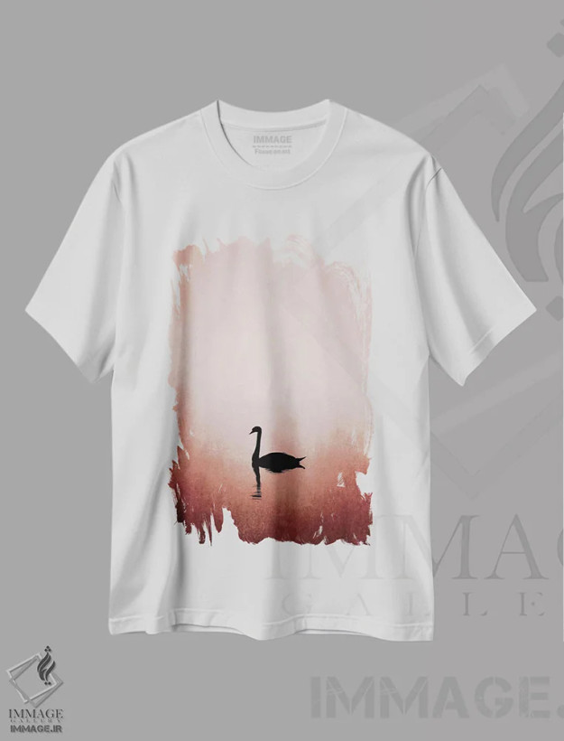 تیشرت سفید طرح دار دریاچه قوها، تزئینی اثر کوبیستیکا | فروشگاه ایماژ