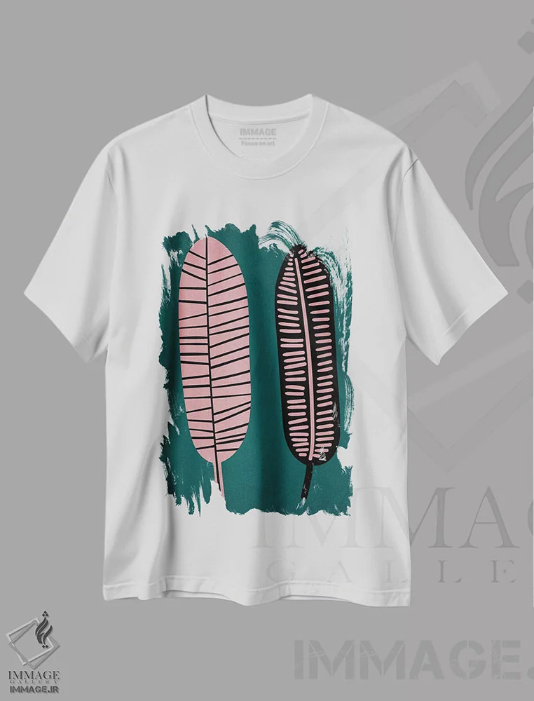 تیشرت سفید طرح دار دو برگ، تزئینی اثر کوبیستیکا | فروشگاه ایماژ