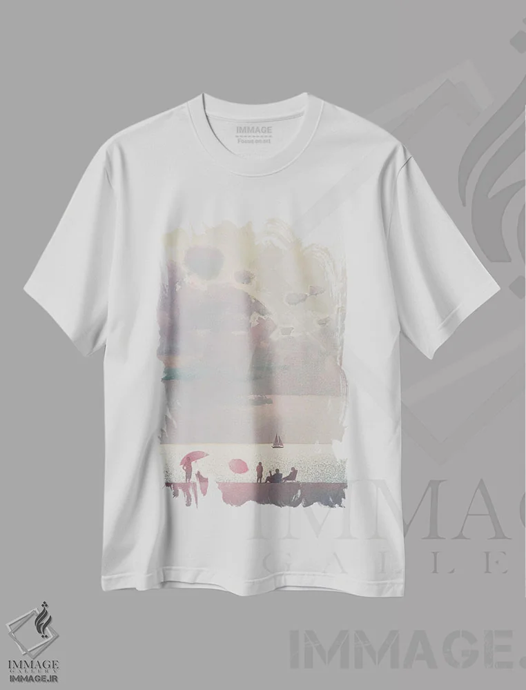 تیشرت سفید طرح دار خاطرات لطیف از تعطیلات تابستانی کنار دریا، دکور ساحلی اثر اندریی کووالیک | فروشگاه ایماژ