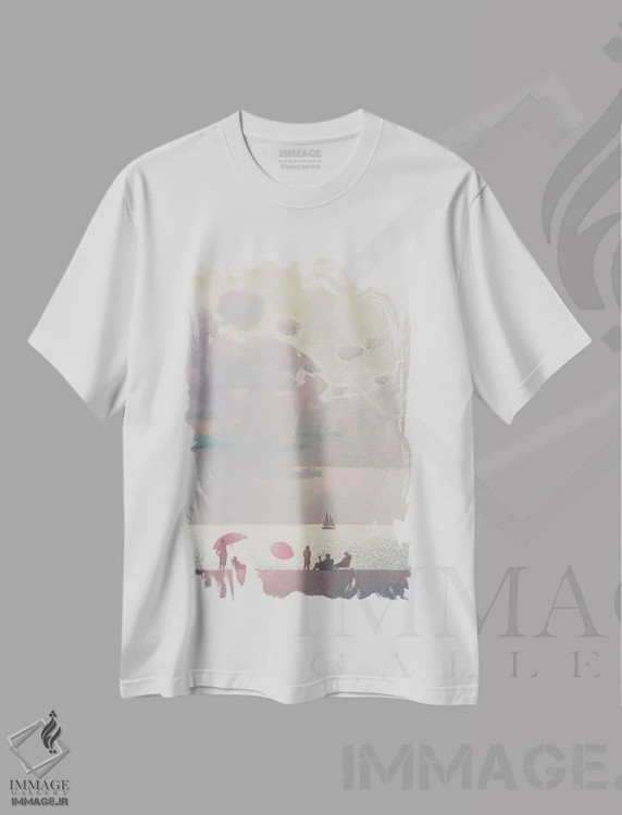 تیشرت سفید طرح دار خاطرات لطیف از تعطیلات تابستانی کنار دریا، دکور ساحلی اثر اندریی کووالیک | فروشگاه ایماژ