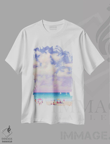 تیشرت سفید طرح دار روز تابستانی شاد کنار دریا، دکور ساحلی اثر اندریی کووالیک | فروشگاه ایماژ