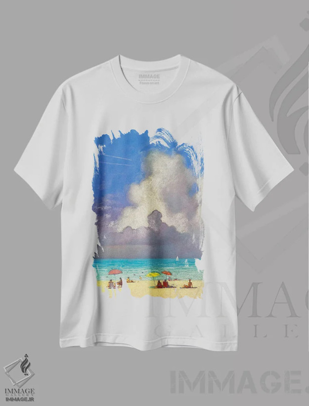 تیشرت سفید طرح دار خاطرات گرم از یک روز تابستانی کنار دریا، هنر فاخر معاصر اثر اندریی کووالیک | فروشگاه ایماژ