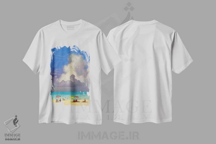 تیشرت سفید طرح دار خاطرات گرم از یک روز تابستانی کنار دریا، هنر فاخر معاصر اثر اندریی کووالیک | فروشگاه ایماژ