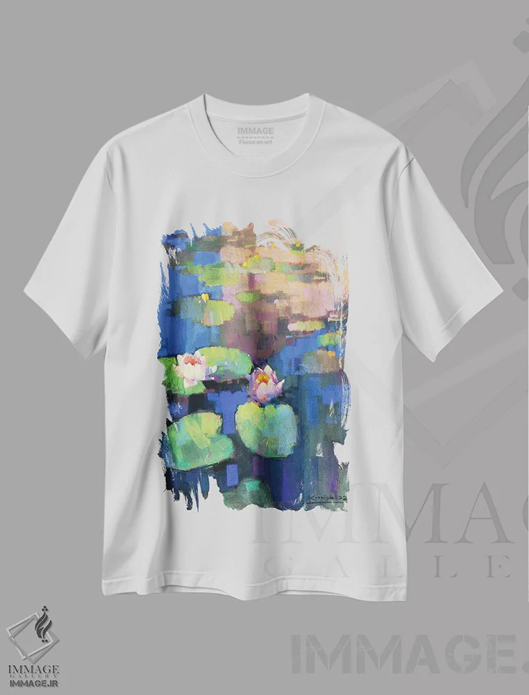 تیشرت سفید طرح دار نیلوفرهای آبی، آبستره اثر اندریی کووالیک | immage.ir