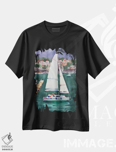 تیشرت مشکی طرح دار قایق های بادبانی در یونان، دکور معاصر اثر اندریی کووالیک | فروشگاه ایماژ