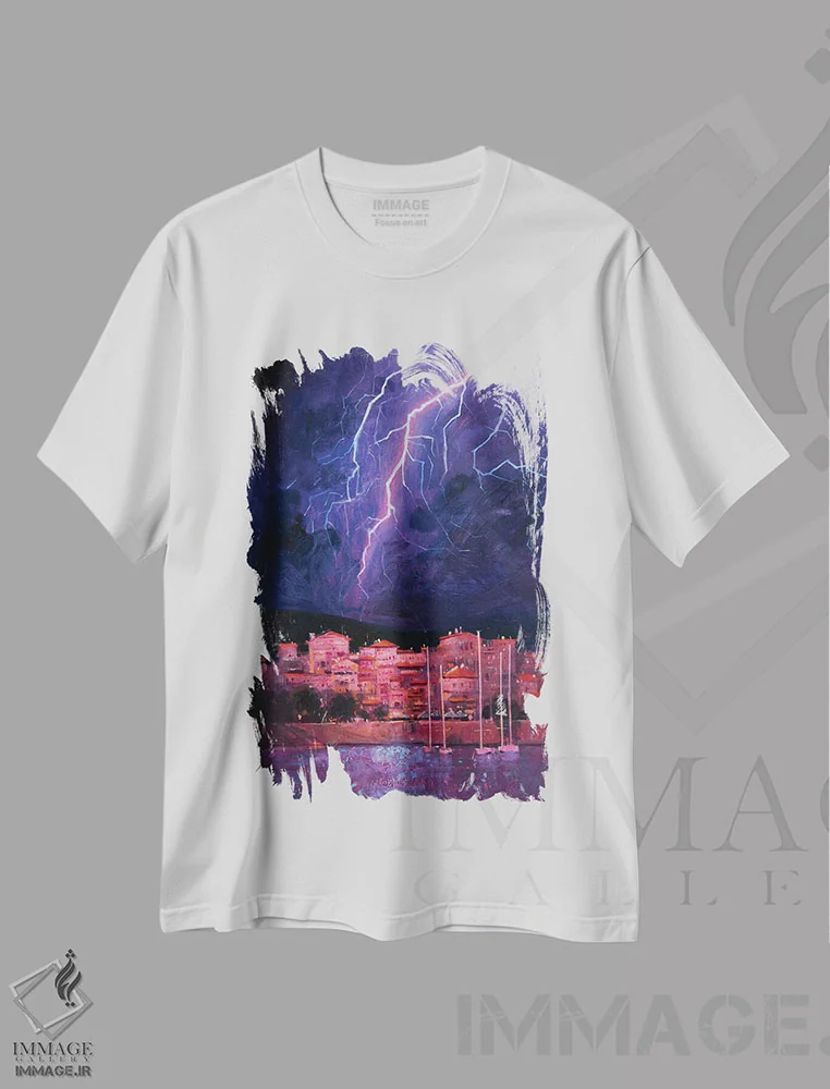 تیشرت سفید طرح دار طوفان در یونان، دکور معاصر اثر اندریی کووالیک | فروشگاه ایماژ
