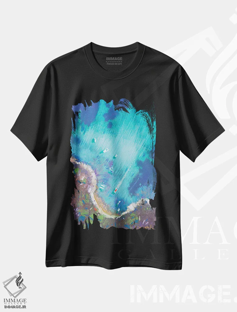 تیشرت مشکی طرح دار نمایی از بالا، ساحل یونان، دکور ساحلی اثر اندریی کووالیک | immage.ir