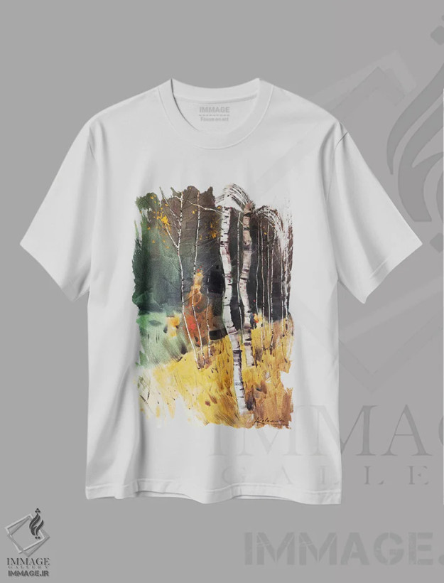 تیشرت سفید طرح دار منظره پاییزی با درختان توس، آبستره اثر اندریی کووالیک | فروشگاه ایماژ