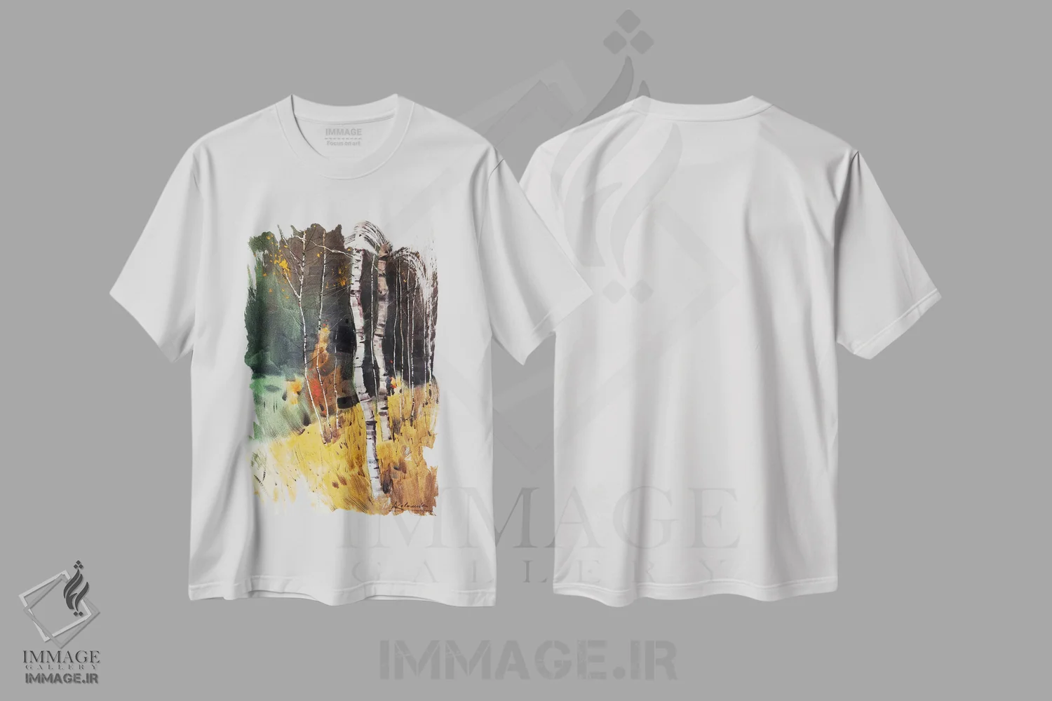 تیشرت سفید طرح دار منظره پاییزی با درختان توس، آبستره اثر اندریی کووالیک | فروشگاه ایماژ