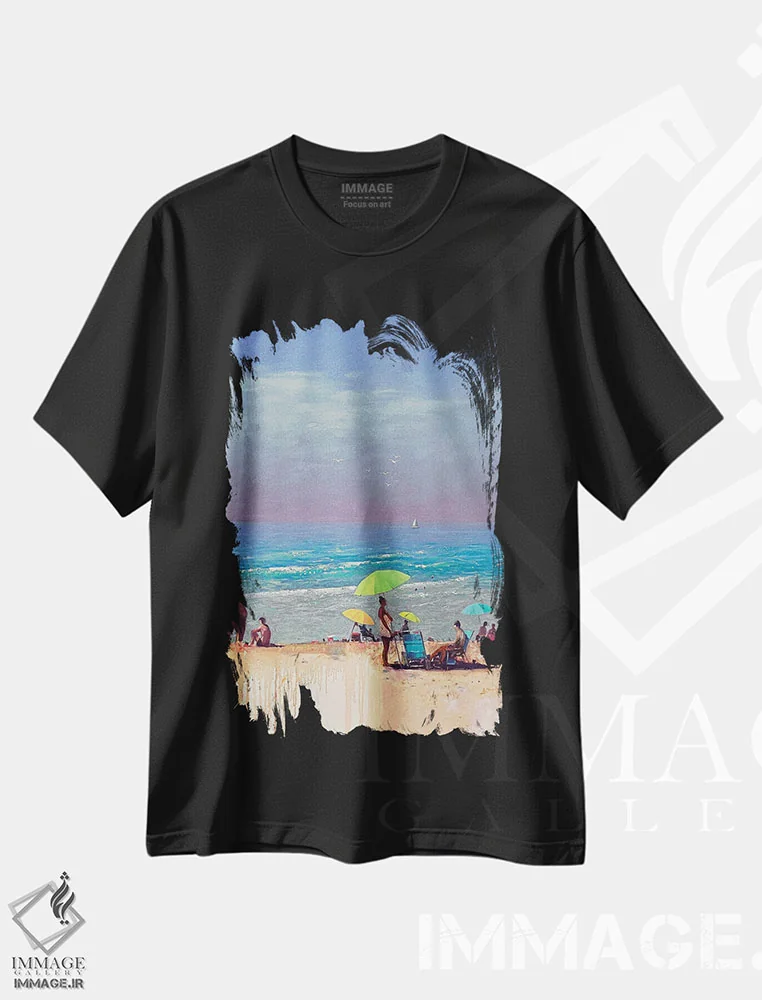 تیشرت مشکی طرح دار خاطرات تابستانی از تعطیلات در جنوب اسپانیا، دکور ساحلی اثر اندریی کووالیک | immage.ir
