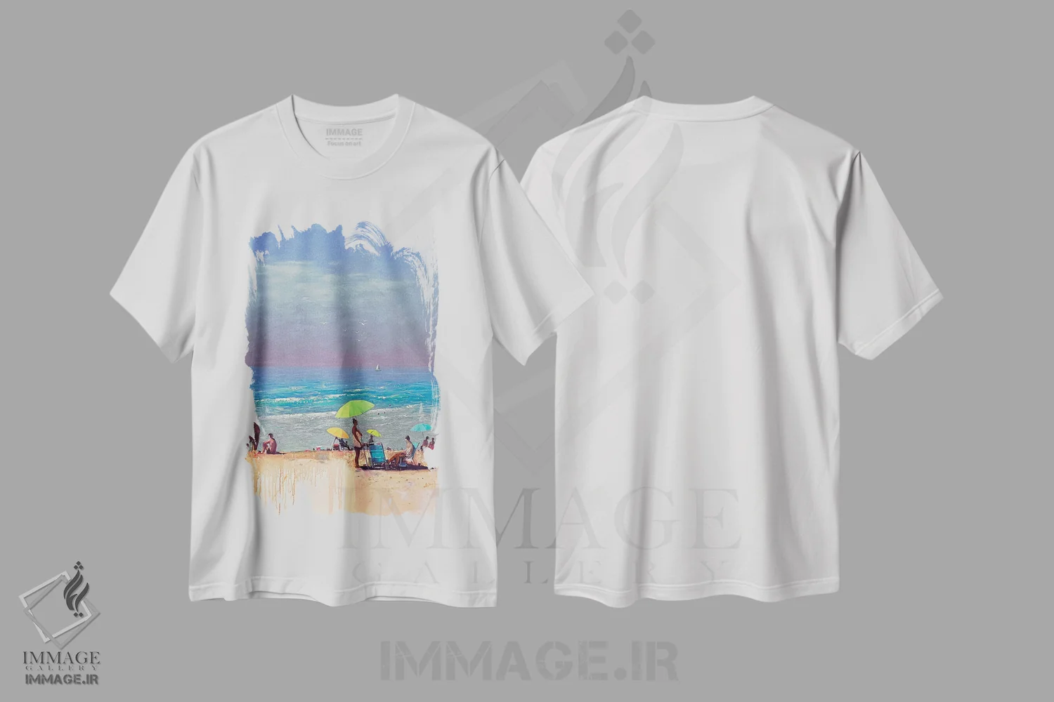 تیشرت سفید طرح دار خاطرات تابستانی از تعطیلات در جنوب اسپانیا، دکور ساحلی اثر اندریی کووالیک | فروشگاه ایماژ