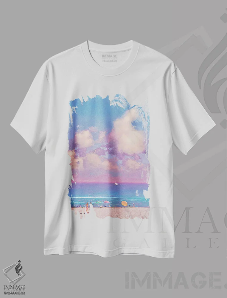 تیشرت سفید طرح دار خاطرات تابستانی از دریا، دکور ساحلی اثر اندریی کووالیک | فروشگاه ایماژ