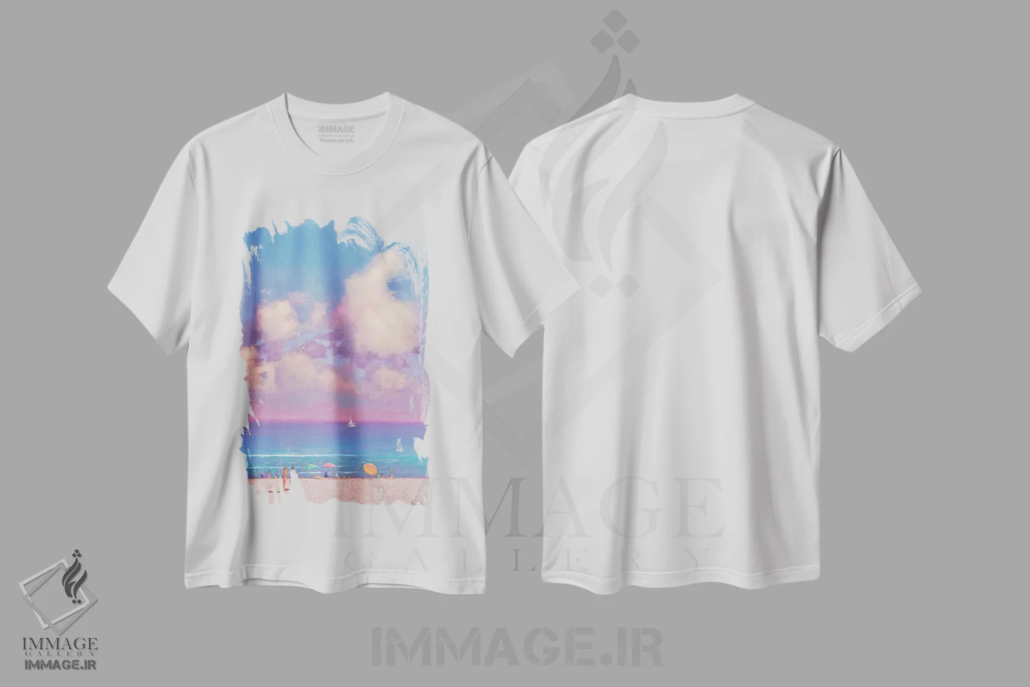 تیشرت سفید طرح دار خاطرات تابستانی از دریا، دکور ساحلی اثر اندریی کووالیک | فروشگاه ایماژ