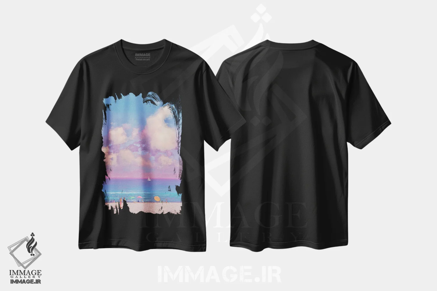 تیشرت مشکی طرح دار خاطرات تابستانی از دریا، دکور ساحلی اثر اندریی کووالیک | immage.ir