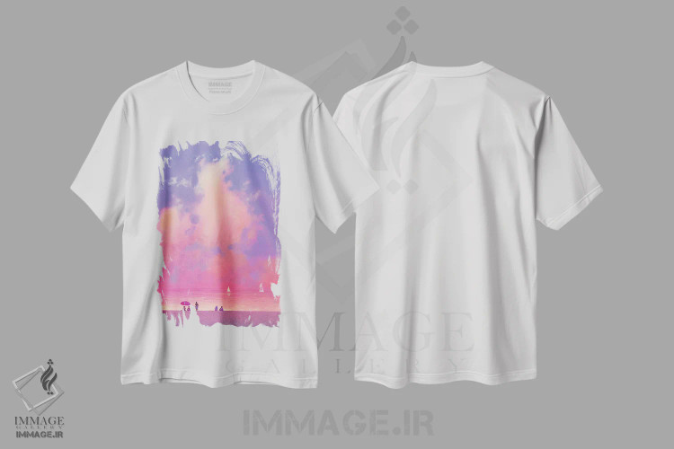تیشرت سفید طرح دار عصر روشن در کنار دریا، دکور ساحلی اثر اندریی کووالیک | فروشگاه ایماژ