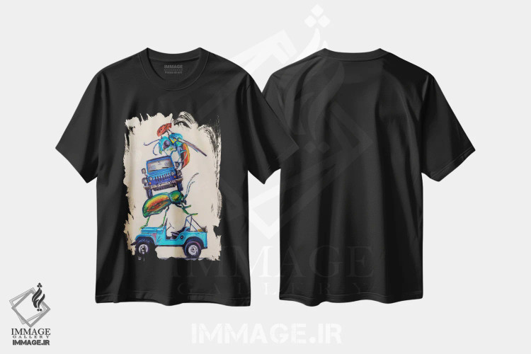 تیشرت مشکی طرح دار جیپ ها و بیتل ها، هنر فاخر معاصر اثر کارن وبر | فروشگاه ایماژ