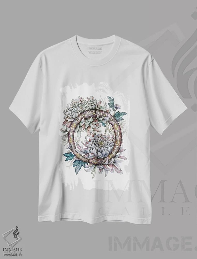 تیشرت سفید طرح دار اوروبروس، دکوراسیون جایگزین اثر کیمرا واچنا | فروشگاه ایماژ