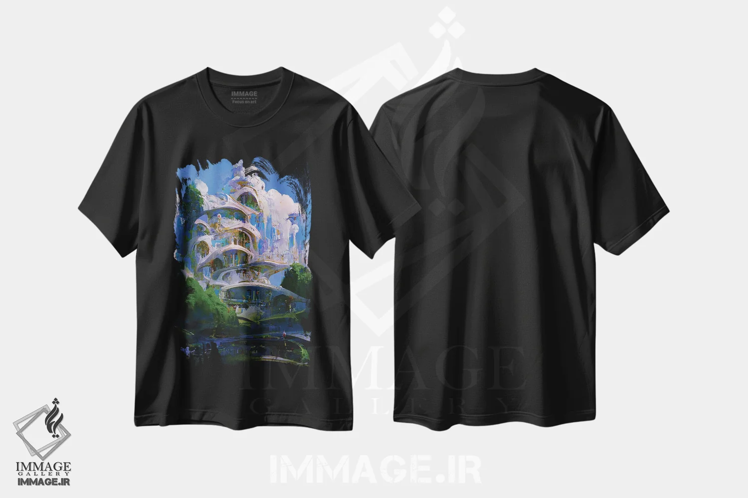 تیشرت مشکی طرح دار شهر ابری، هنر فاخر معاصر اثر کنوود هوه | فروشگاه ایماژ
