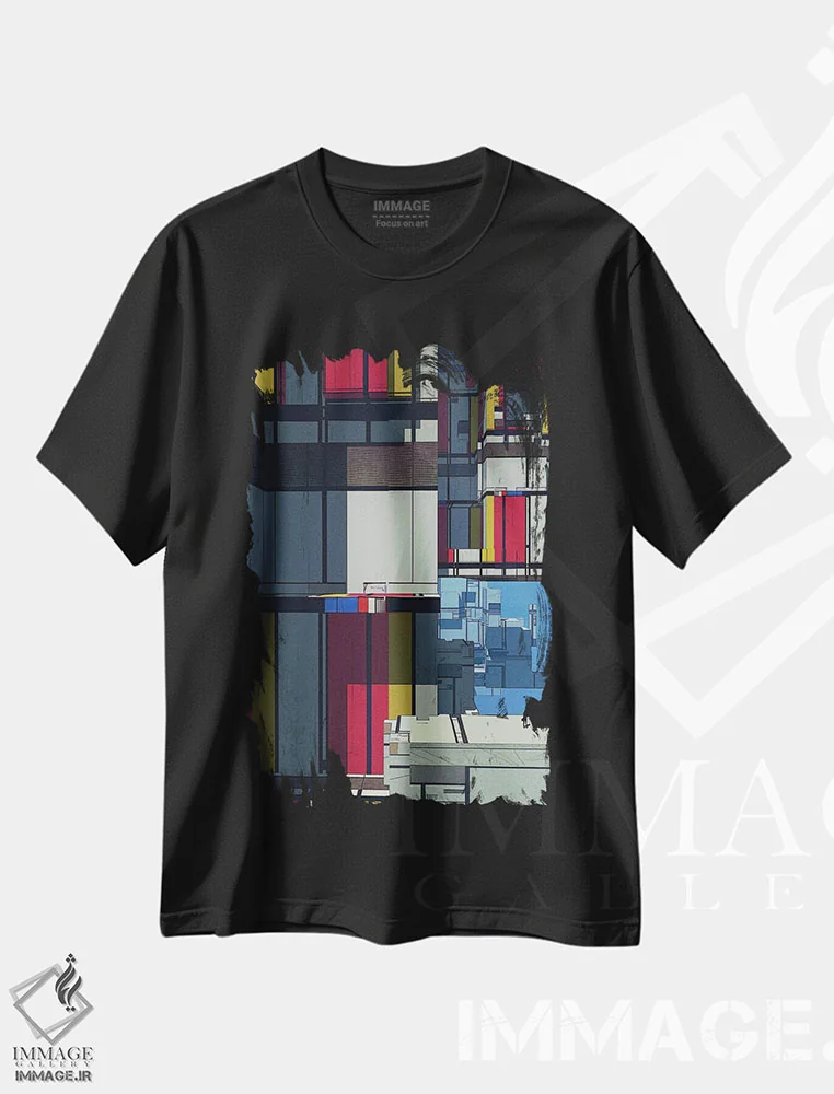 تیشرت مشکی طرح دار رویای موندریان، هنر فاخر معاصر اثر کنوود هوه | immage.ir