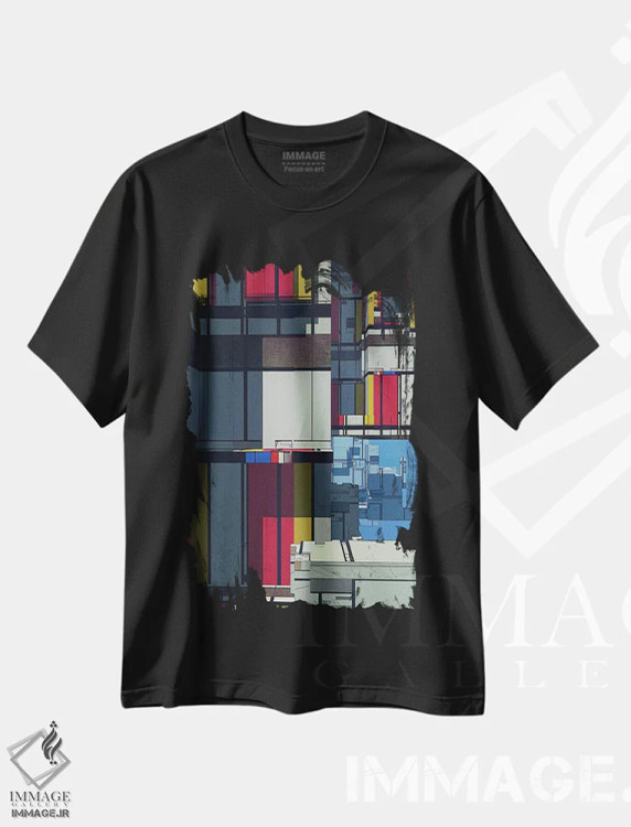 تیشرت مشکی طرح دار رویای موندریان، هنر فاخر معاصر اثر کنوود هوه | immage.ir