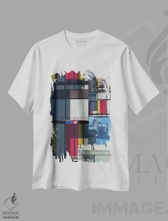 تیشرت سفید طرح دار رویای موندریان، هنر فاخر معاصر اثر کنوود هوه | فروشگاه ایماژ