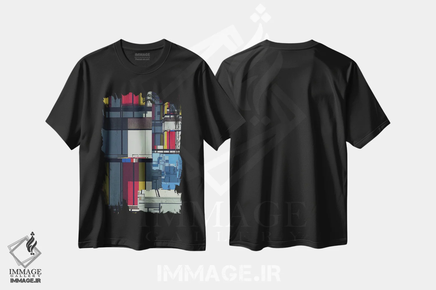 تیشرت مشکی طرح دار رویای موندریان، هنر فاخر معاصر اثر کنوود هوه | immage.ir