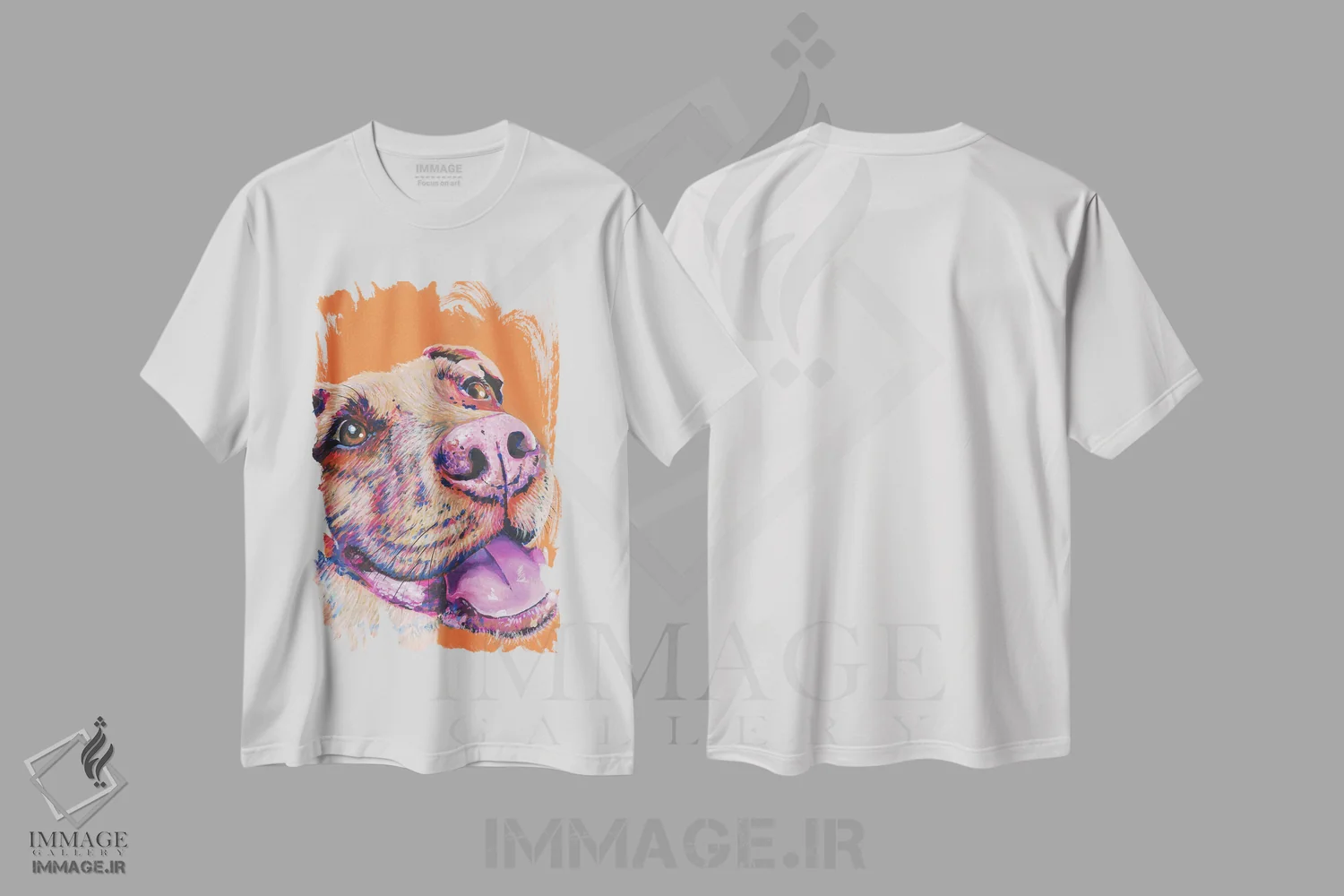 تیشرت سفید طرح دار پیت بول روی زمینه نارنجی، مدیوم اثر کیرستین وود | immage.ir