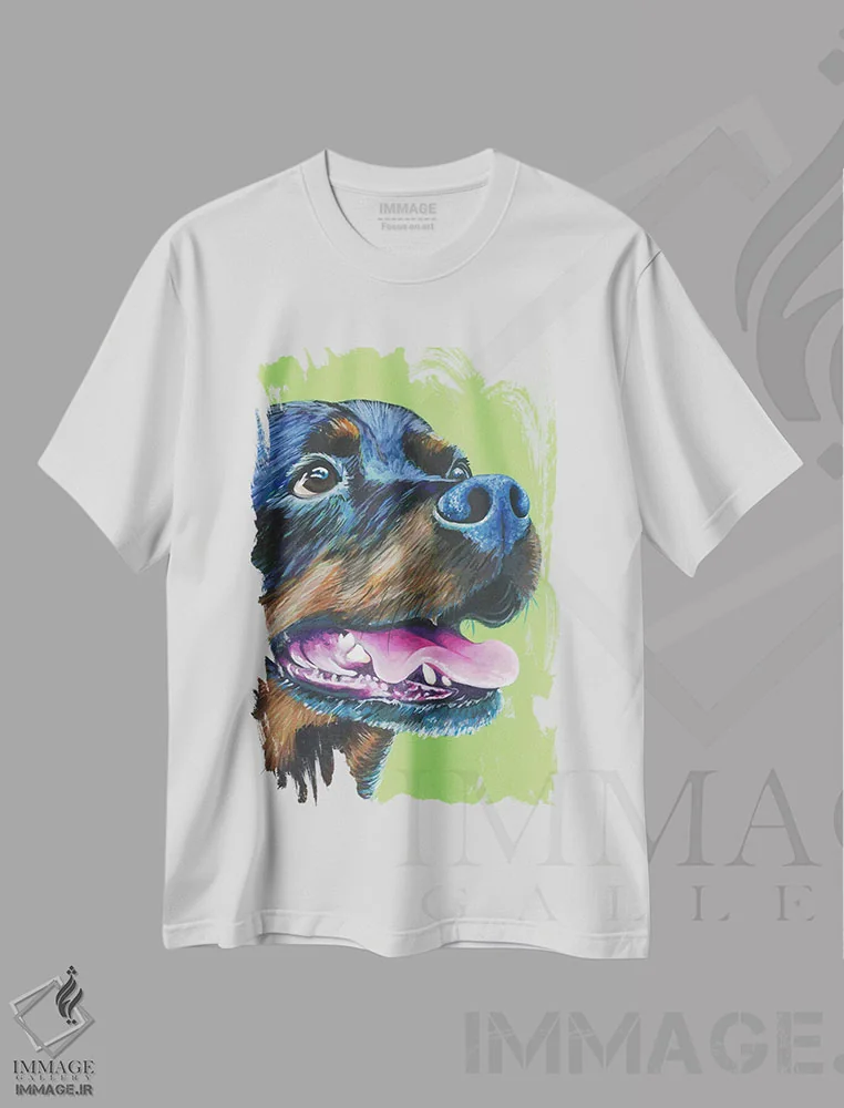 تیشرت سفید طرح دار روتوایلر روی زمینه سبز لیمویی، مدیوم اثر کیرستین وود | فروشگاه ایماژ