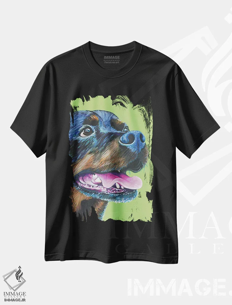 تیشرت مشکی طرح دار روتوایلر روی زمینه سبز لیمویی، مدیوم اثر کیرستین وود | immage.ir