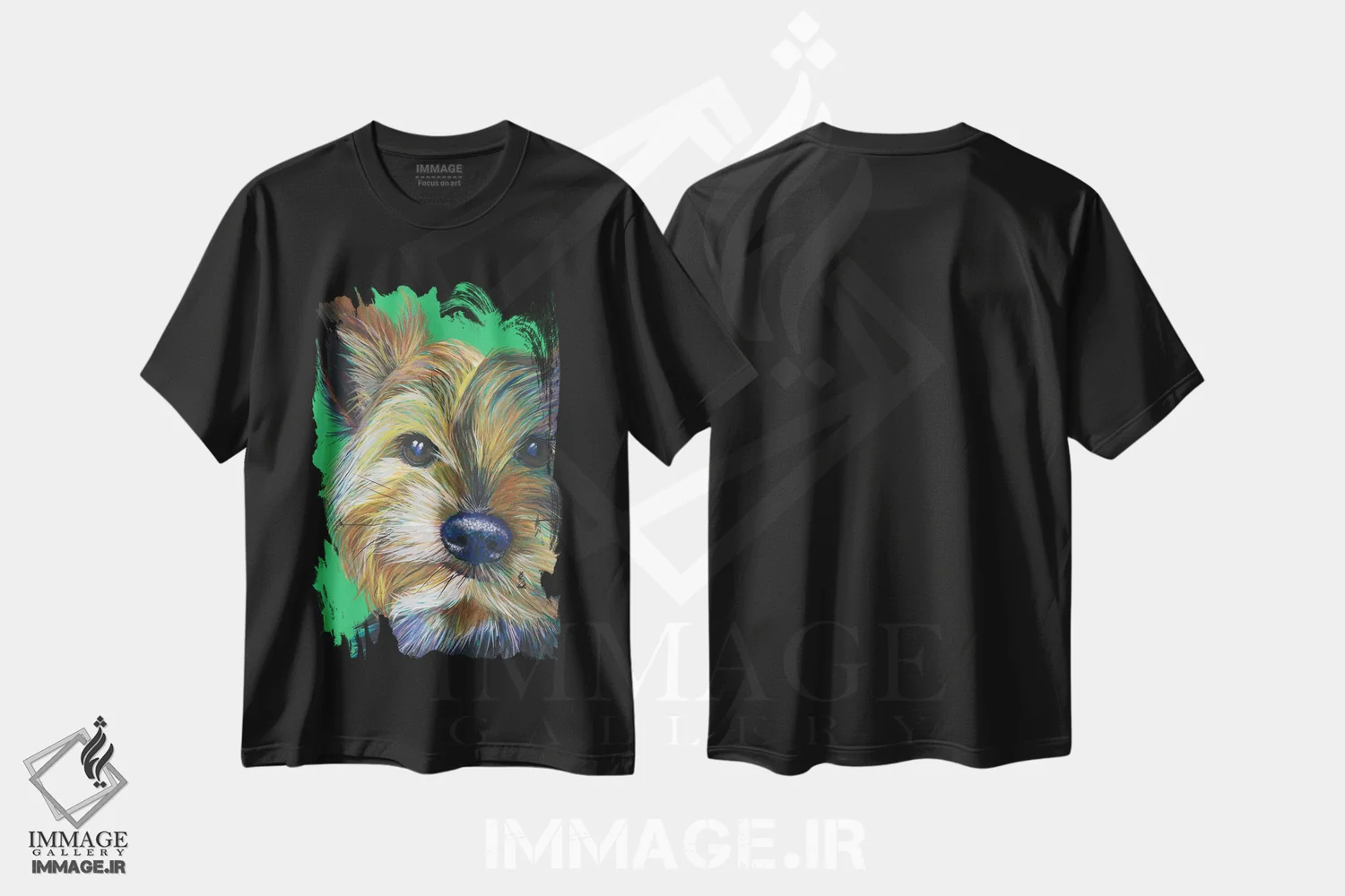تیشرت مشکی طرح دار یورکشایر تریر روی زمینه زمردی، مدیوم اثر کیرستین وود | immage.ir
