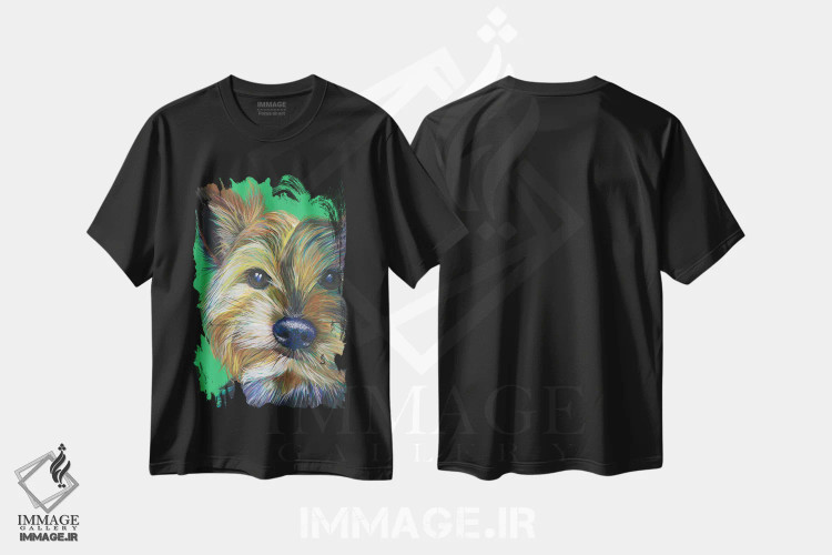 تیشرت مشکی طرح دار یورکشایر تریر روی زمینه زمردی، مدیوم اثر کیرستین وود | immage.ir