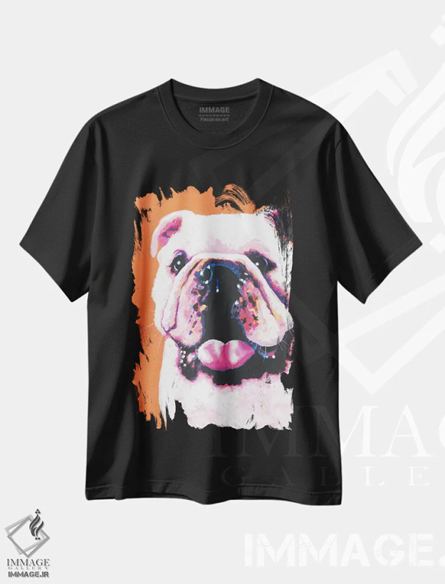 تیشرت مشکی طرح دار بولداگ روی زمینه نارنجی، مدیوم اثر کیرستین وود | فروشگاه ایماژ
