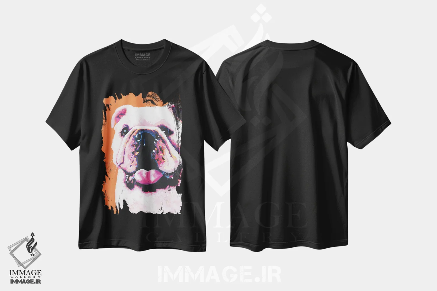 تیشرت مشکی طرح دار بولداگ روی زمینه نارنجی، مدیوم اثر کیرستین وود | فروشگاه ایماژ