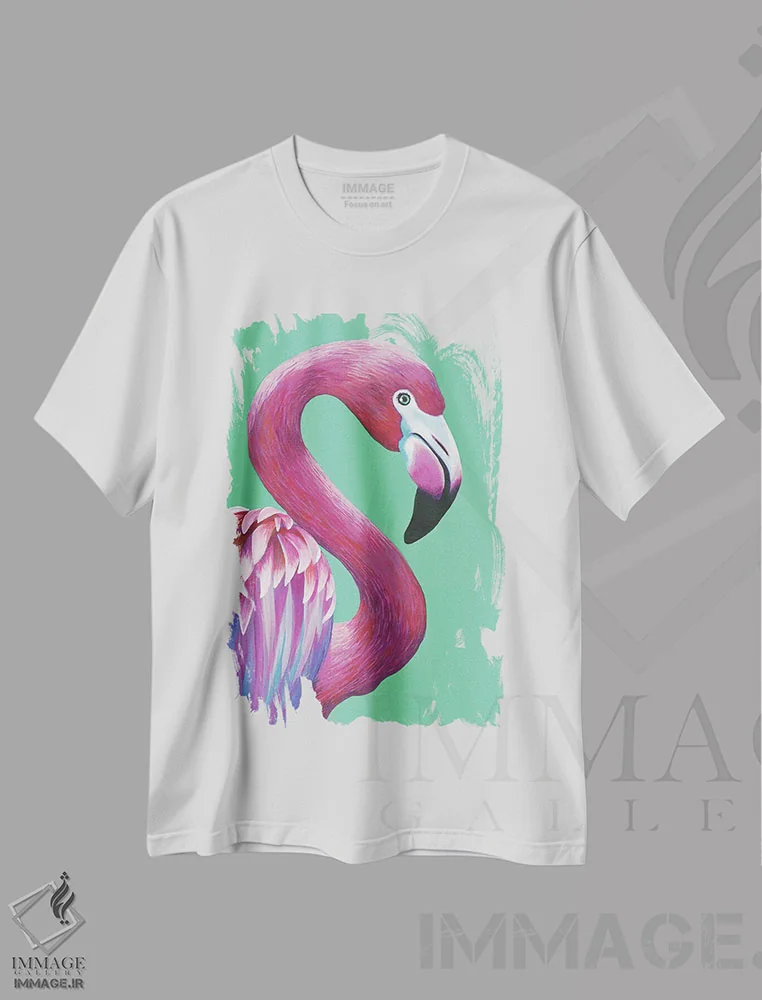 تیشرت سفید طرح دار فلامینگو زیبا، مدیوم اثر کیرستین وود | فروشگاه ایماژ