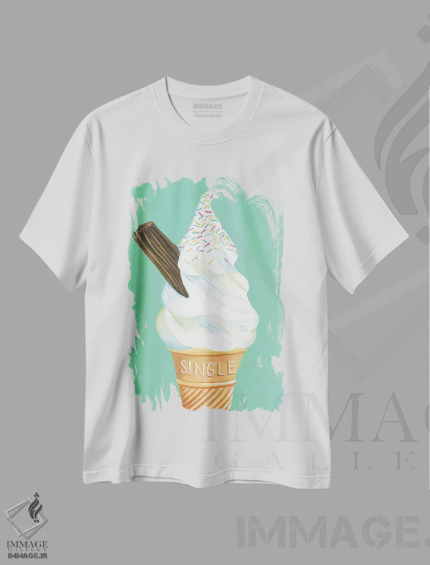 تیشرت سفید طرح دار بستنی روی زمینه سبز نعنایی، هنر فاخر معاصر اثر کیرستین وود | فروشگاه ایماژ