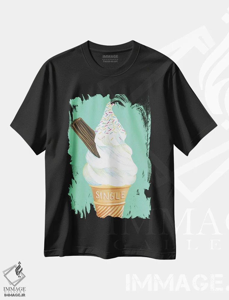 تیشرت مشکی طرح دار بستنی روی زمینه سبز نعنایی، هنر فاخر معاصر اثر کیرستین وود | immage.ir