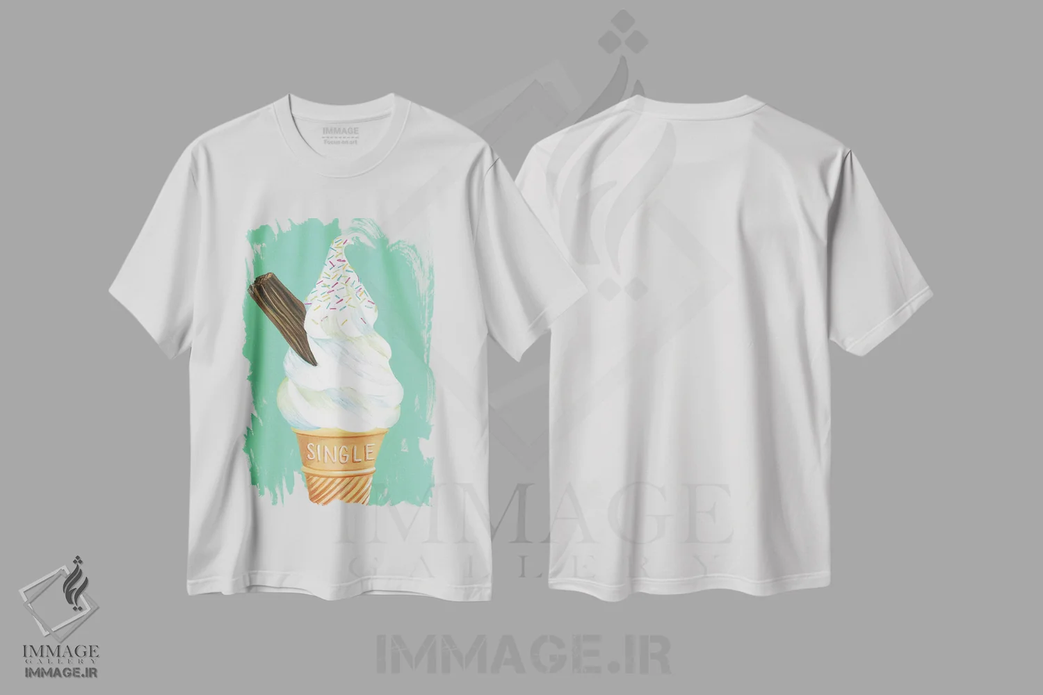 تیشرت سفید طرح دار بستنی روی زمینه سبز نعنایی، هنر فاخر معاصر اثر کیرستین وود | فروشگاه ایماژ