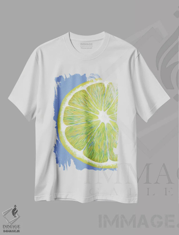 تیشرت سفید طرح دار برش لیمو روی زمینه آبی، هنر فاخر معاصر اثر کیرستین وود | فروشگاه ایماژ