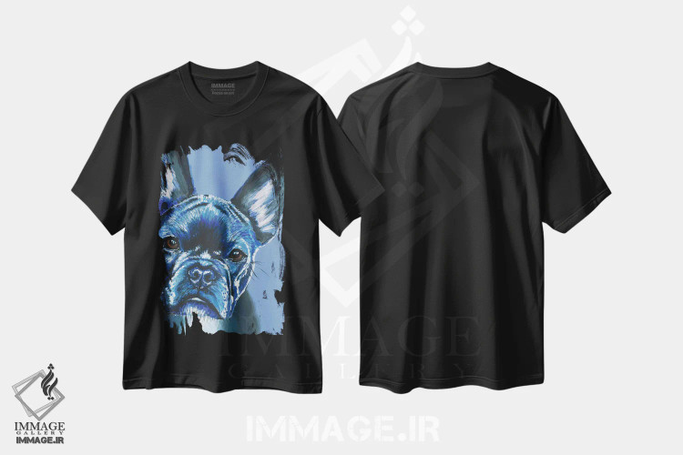 تیشرت مشکی طرح دار فرنچ بولداگ روی زمینه آبی، مدیوم اثر کیرستین وود | فروشگاه ایماژ