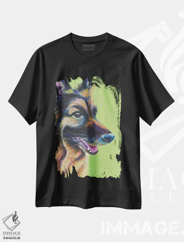 تیشرت مشکی طرح دار ژرمن شپرد روی زمینه سبز لیمویی، مدیوم اثر کیرستین وود | فروشگاه ایماژ