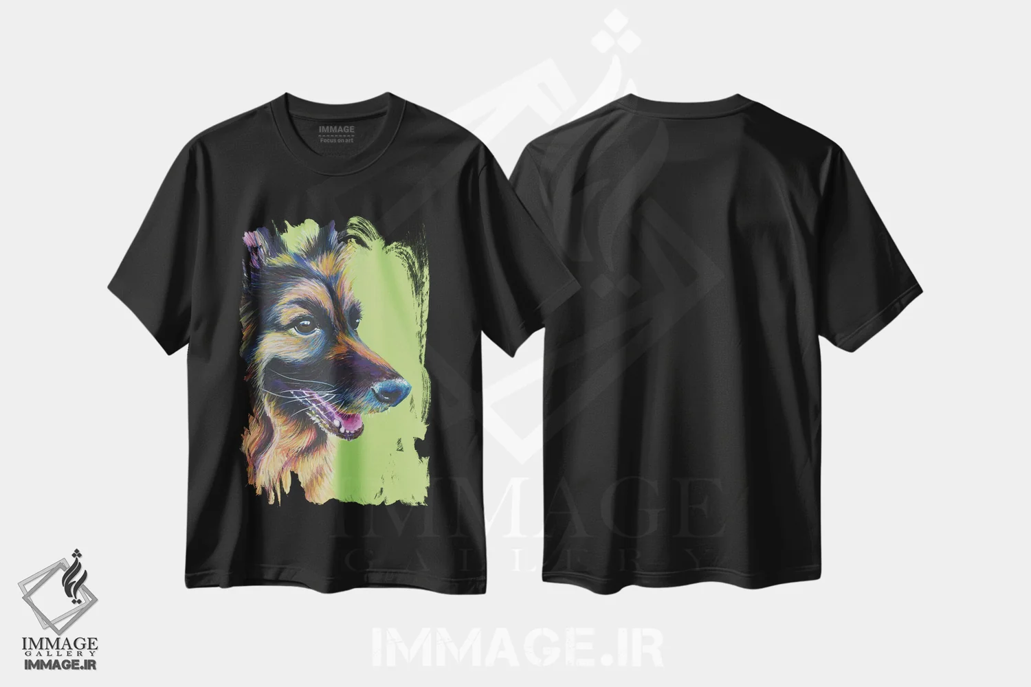 تیشرت مشکی طرح دار ژرمن شپرد روی زمینه سبز لیمویی، مدیوم اثر کیرستین وود | فروشگاه ایماژ