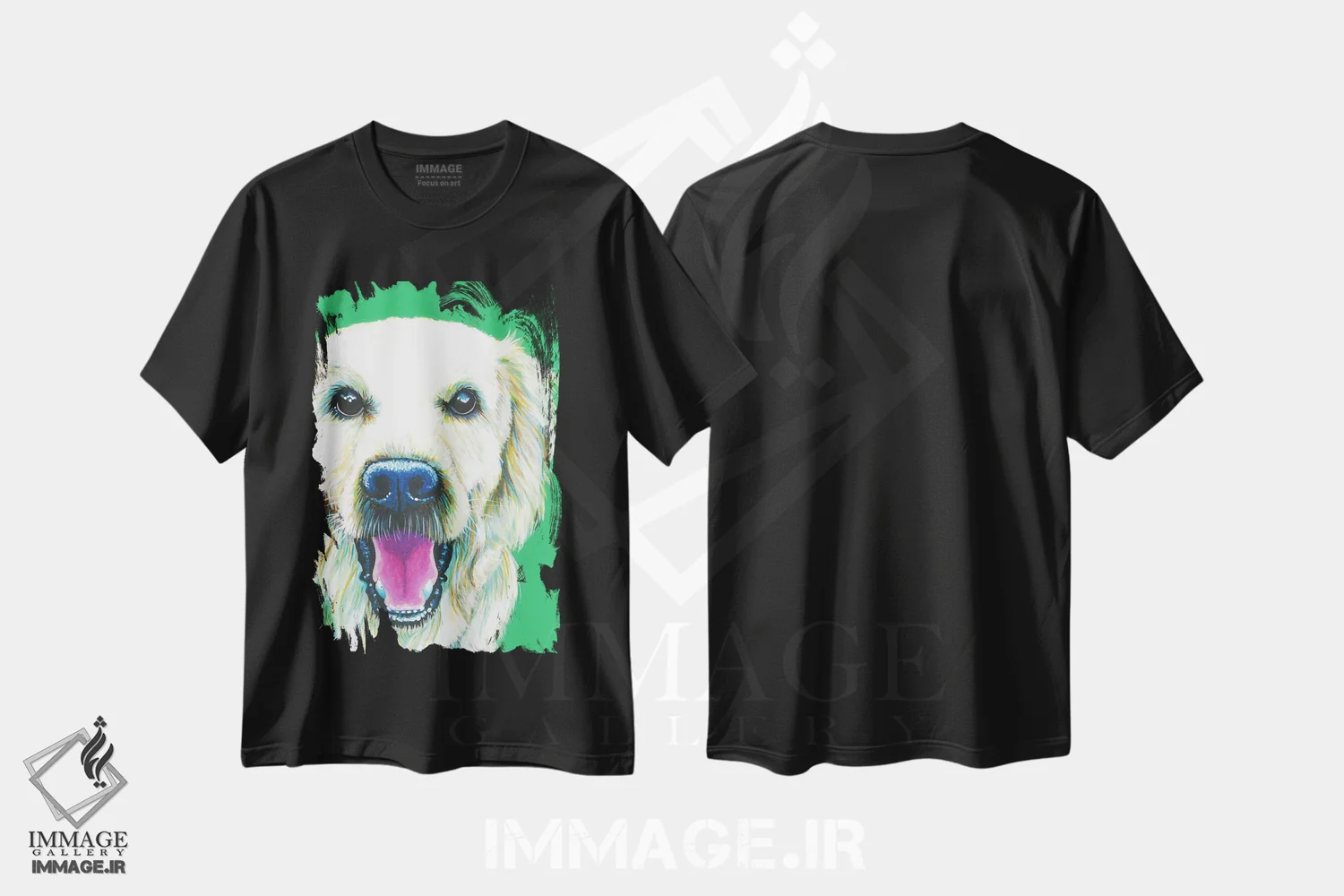 تیشرت مشکی طرح دار گلدن رتریور روی زمینه زمردی، مدیوم اثر کیرستین وود | immage.ir