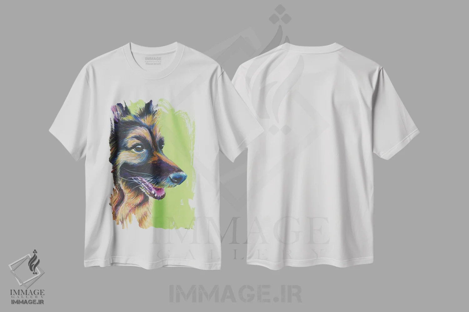 تیشرت سفید طرح دار ژرمن شپرد روی زمینه سبز لیمویی، مدیوم اثر کیرستین وود | immage.ir